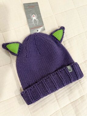NWT | Spyder Kids One Size Ski Beanie Knit Cat Ear Purple and Green